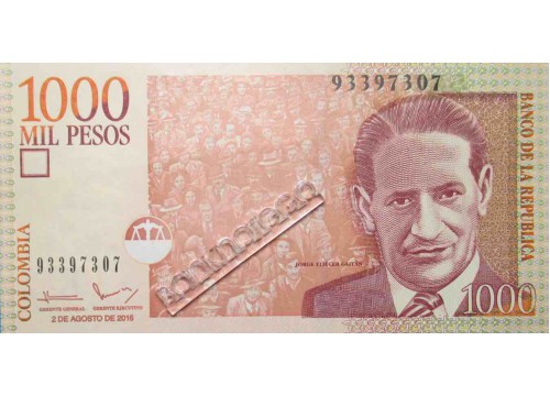Банкнота Колумбия 1000 (тысяча) песо 2016 год. Pick 456. UNC